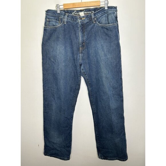 Eddie Bauer Jeans Men Blue Dark Wash Cotton Blend Fleece Lined Straight 36x30 - Picture 1 of 11